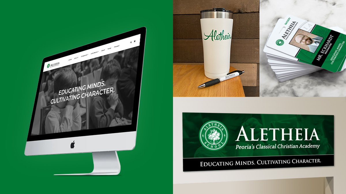 Aletheia Web Site, Tumbler, ID Badges, Entryway Sign